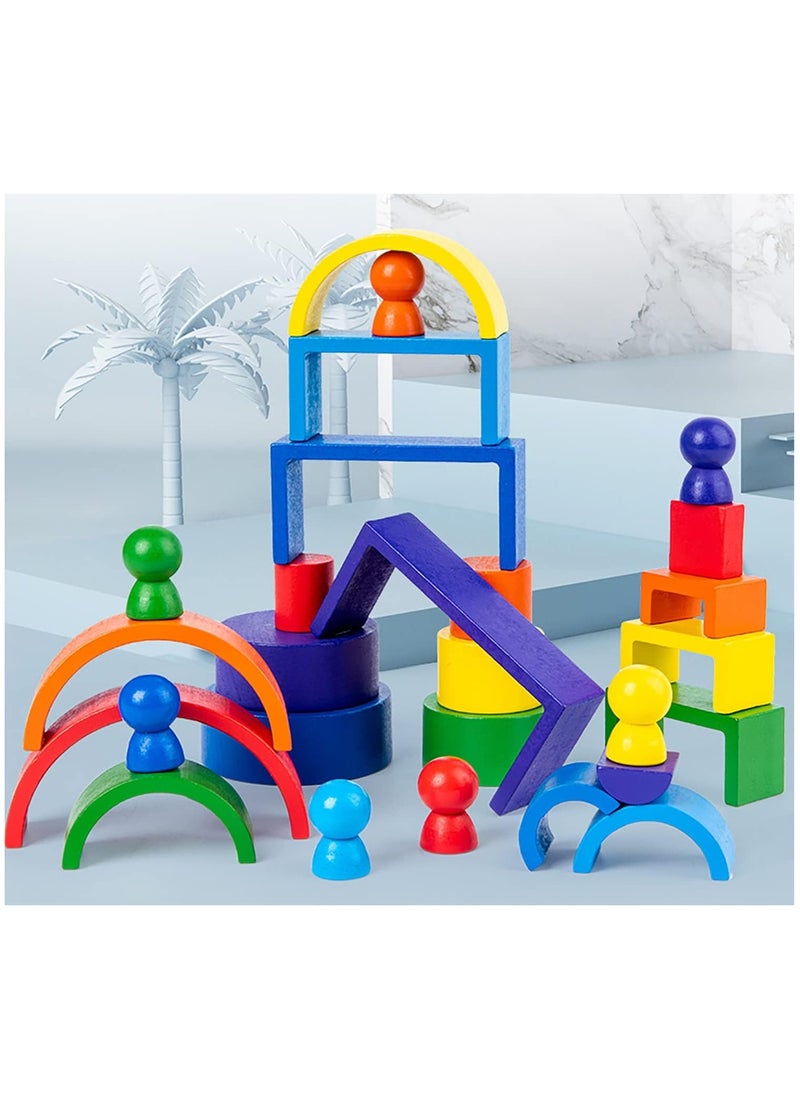 ULHYC - 21 PCs Wooden Rainbow Stacking Toys, Wooden Rainbow Stacker Nesting Puzzle Blocks, Color Sorting Montessori Educational Game for Toddlers, Shape Puzzle Set - Image 1