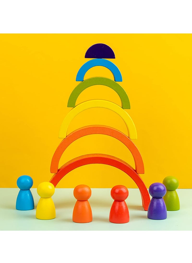 ULHYC - 21 PCs Wooden Rainbow Stacking Toys, Wooden Rainbow Stacker Nesting Puzzle Blocks, Color Sorting Montessori Educational Game for Toddlers, Shape Puzzle Set - Image 1