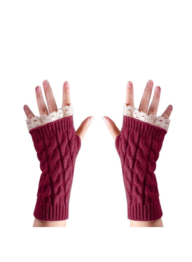 Women Knit Arm Warmer Winter Fingerless Thumb Hole Mitten Soft Gloves with Lace - Image 1