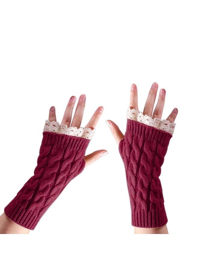 Women Knit Arm Warmer Winter Fingerless Thumb Hole Mitten Soft Gloves with Lace - Image 2