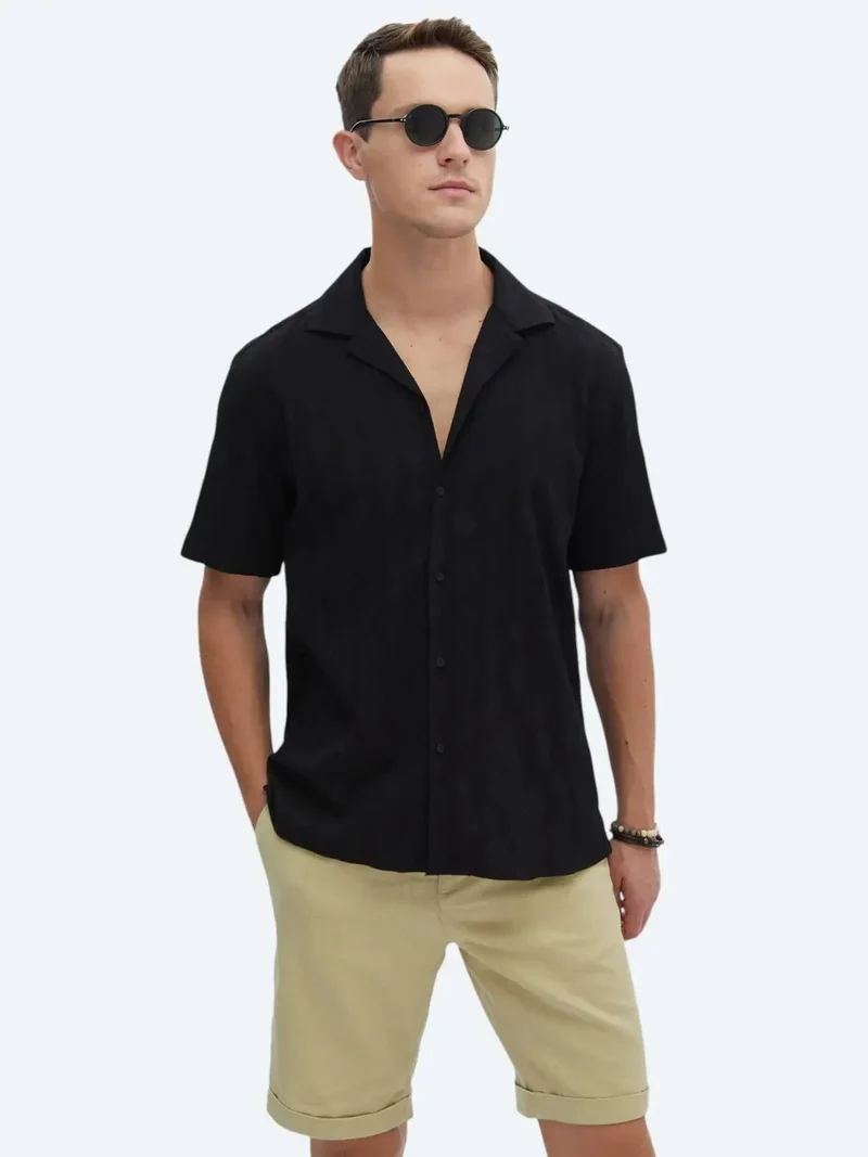 Kip Black Patterned Regular Fit Weaving Casual Cotton Blended Shirt