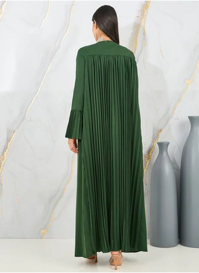 Styli Pleated Flute Sleeves Maxi Length Kimono