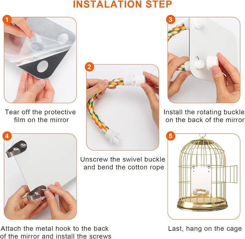 AHIER 7 Inch Bird Mirror with Rope Perch, Bird Toys Swing Parrot Grinding Stone with Bell for Parakeet Cockatoo Cockatiel Lovebirds Canaries - Image 4