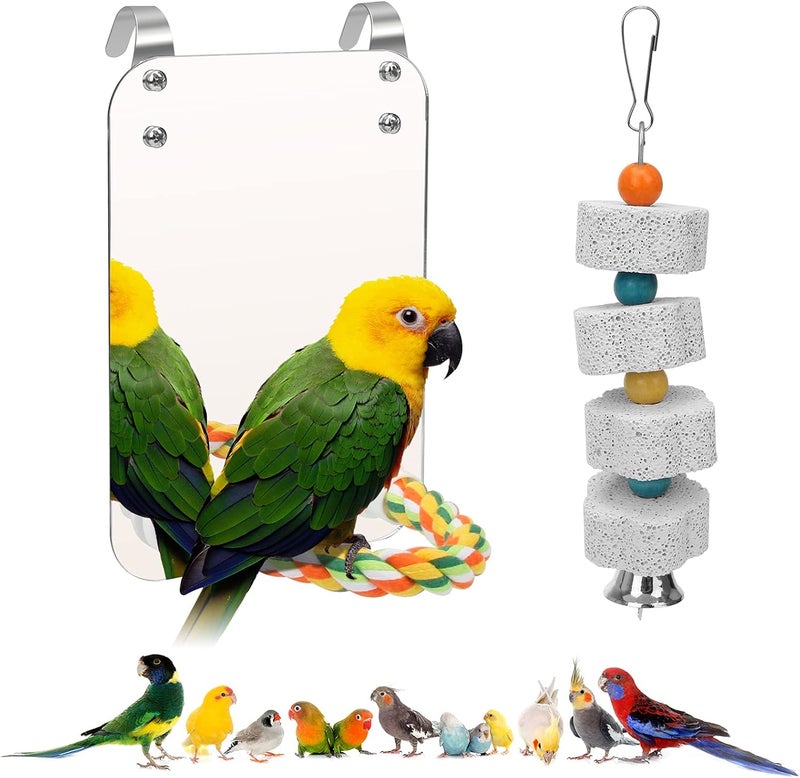 AHIER 7 Inch Bird Mirror with Rope Perch, Bird Toys Swing Parrot Grinding Stone with Bell for Parakeet Cockatoo Cockatiel Lovebirds Canaries - Image 1