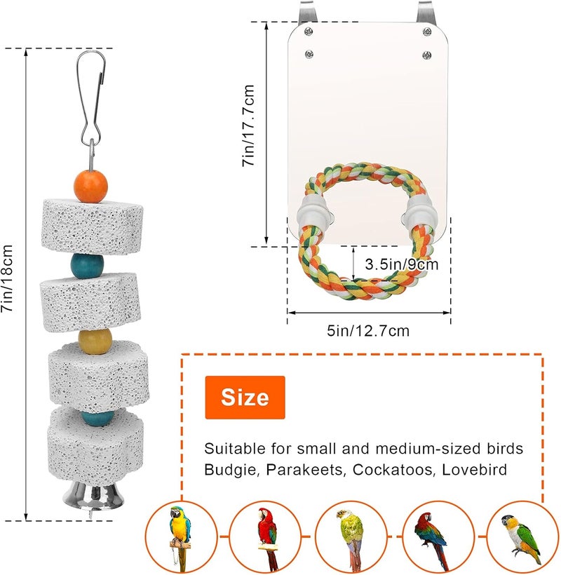 AHIER 7 Inch Bird Mirror with Rope Perch, Bird Toys Swing Parrot Grinding Stone with Bell for Parakeet Cockatoo Cockatiel Lovebirds Canaries - Image 2
