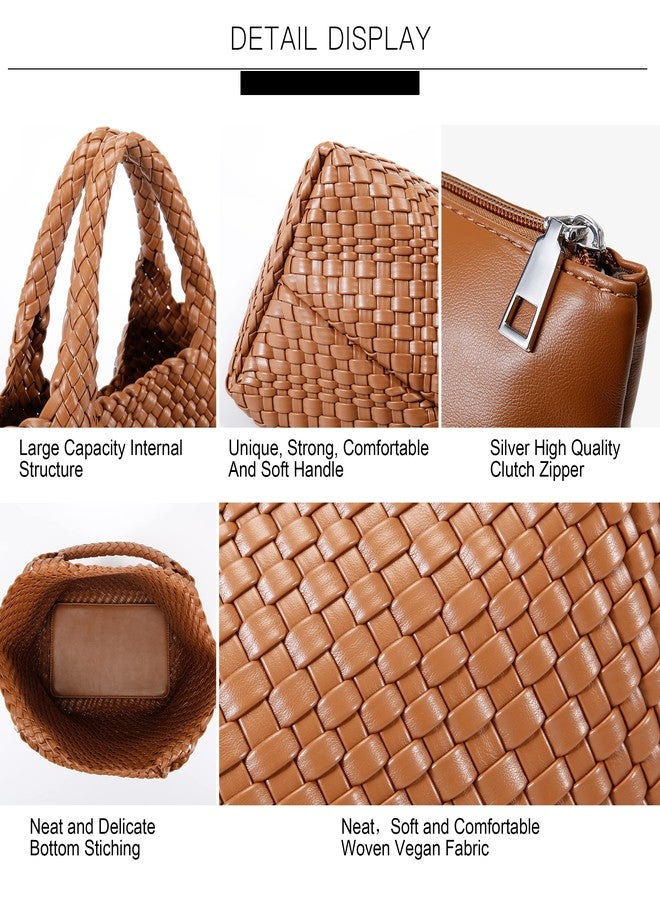Queenoris Woven Bag for Women, Vegan Leather Tote Bag Large Summer Beach Travel Handbag and Purse Retro Handmade Shoulder Bag, Brown1, Medium - Image 5