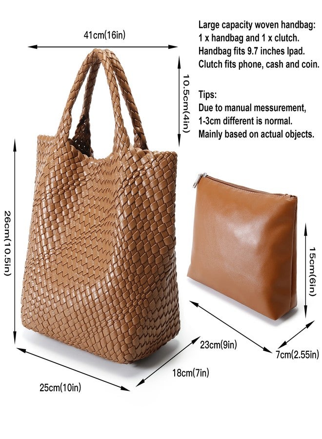 Queenoris Woven Bag for Women, Vegan Leather Tote Bag Large Summer Beach Travel Handbag and Purse Retro Handmade Shoulder Bag, Brown1, Medium - Image 3
