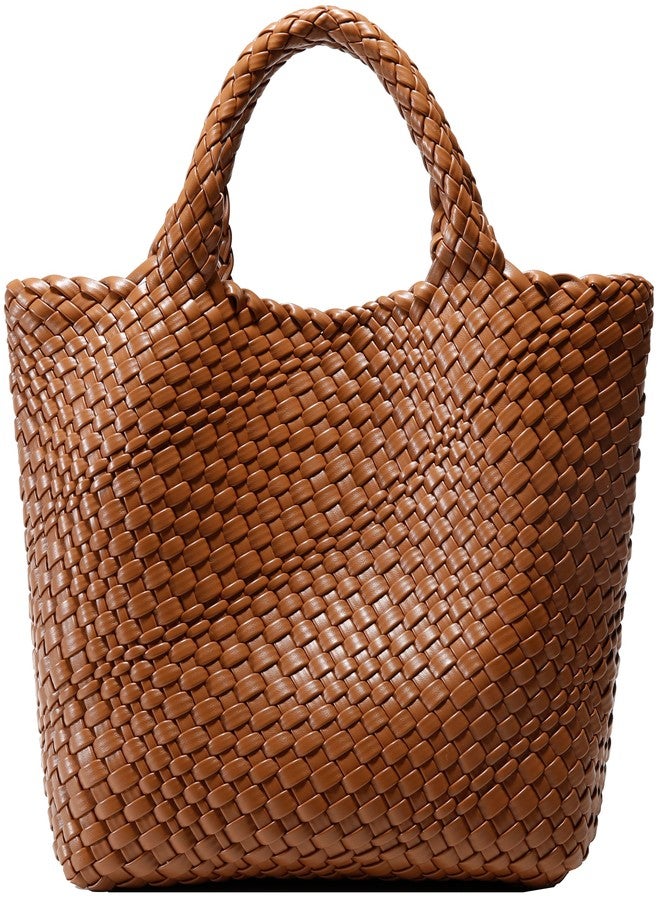 Queenoris Woven Bag for Women, Vegan Leather Tote Bag Large Summer Beach Travel Handbag and Purse Retro Handmade Shoulder Bag, Brown1, Medium - Image 1