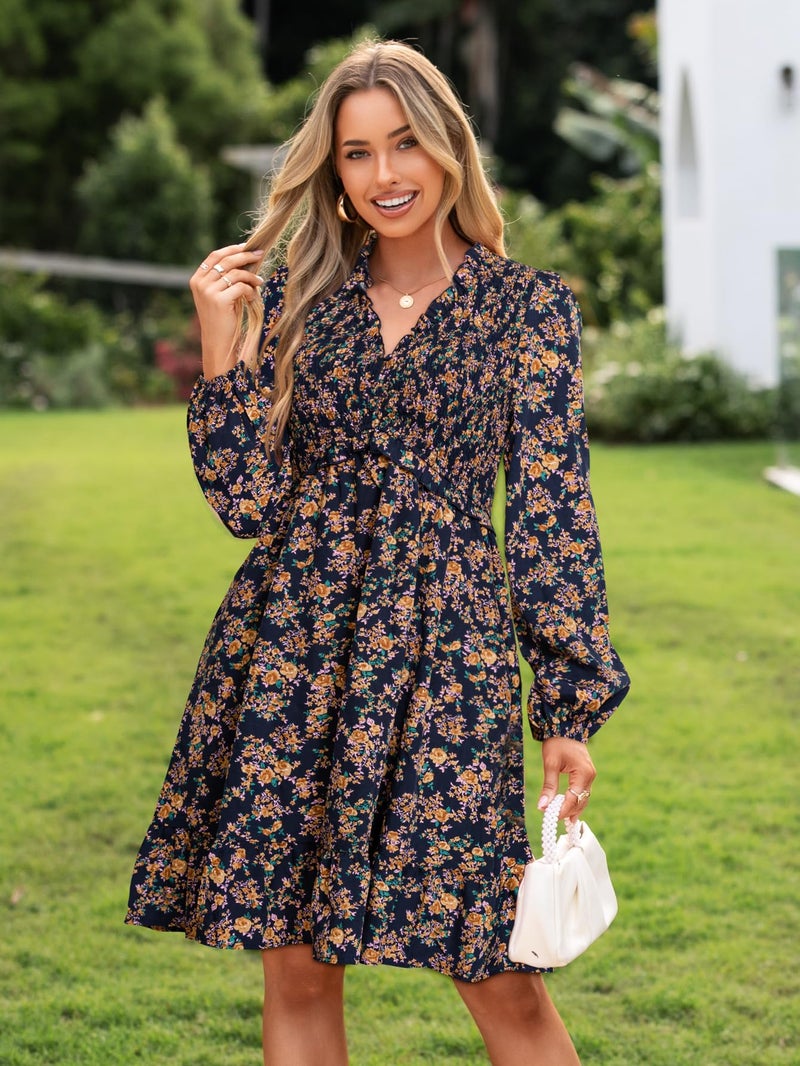 Simplee Womens Long Sleeve Babydoll Short Dress A-line Wedding Guest Boho Cute Ruffle Party Tunic Dresses with Pockets Trendy Cloth(Navy L) - Image 2