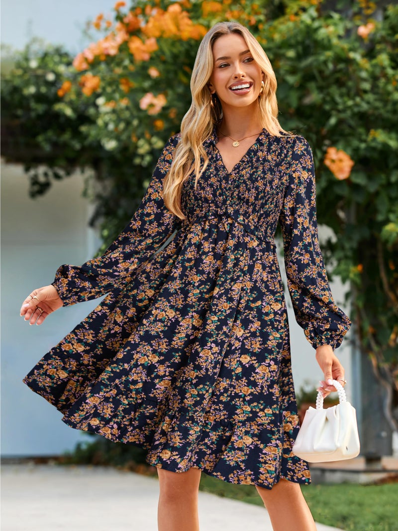 Simplee Womens Long Sleeve Babydoll Short Dress A-line Wedding Guest Boho Cute Ruffle Party Tunic Dresses with Pockets Trendy Cloth(Navy L) - Image 3