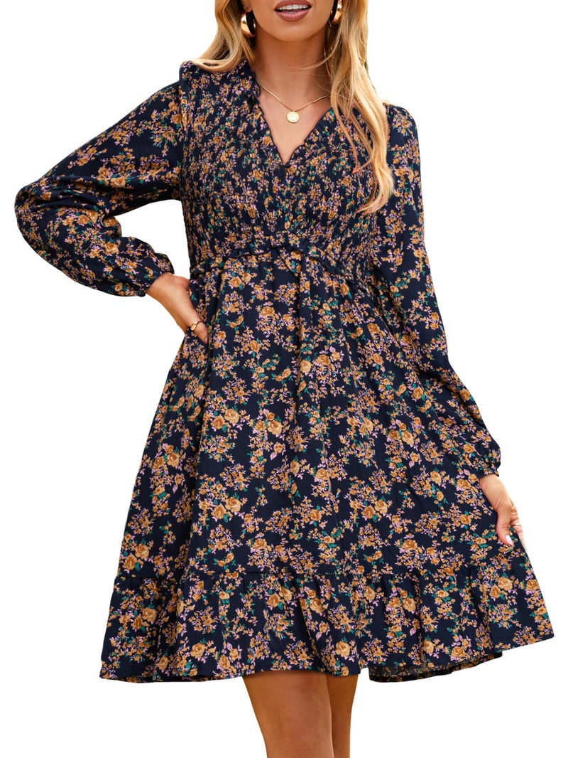 Simplee Womens Long Sleeve Babydoll Short Dress A-line Wedding Guest Boho Cute Ruffle Party Tunic Dresses with Pockets Trendy Cloth(Navy L) - Image 1