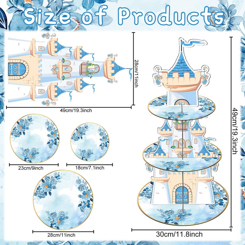 Aposwow Blue Castle Birthday Party Decorations - 3 Tier Flower Castle Cupcake Stand Blue Theme Party Supplies Dessert Tower Holder for Birthday Baby Shower Wedding Decorations - Image 2