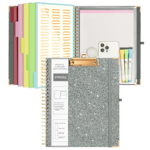 EYROZILL Spiral Clipboard Folio with Storage Pockets 8.5 x 11 Folder Refillable Lined Notepad Glitter Clipboards Drak Grey - Image 1