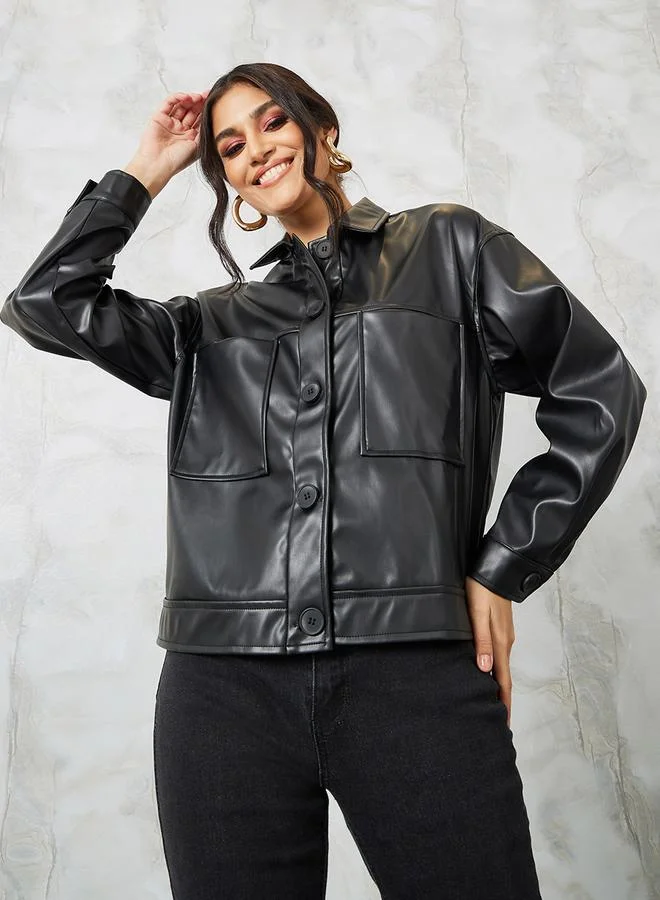 Styli Boxy Fit Leather Look Button Through Jacket