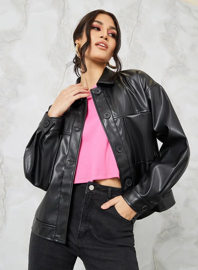 Styli Boxy Fit Leather Look Button Through Jacket
