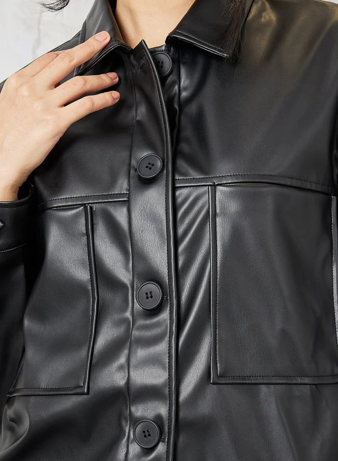 Styli Boxy Fit Leather Look Button Through Jacket
