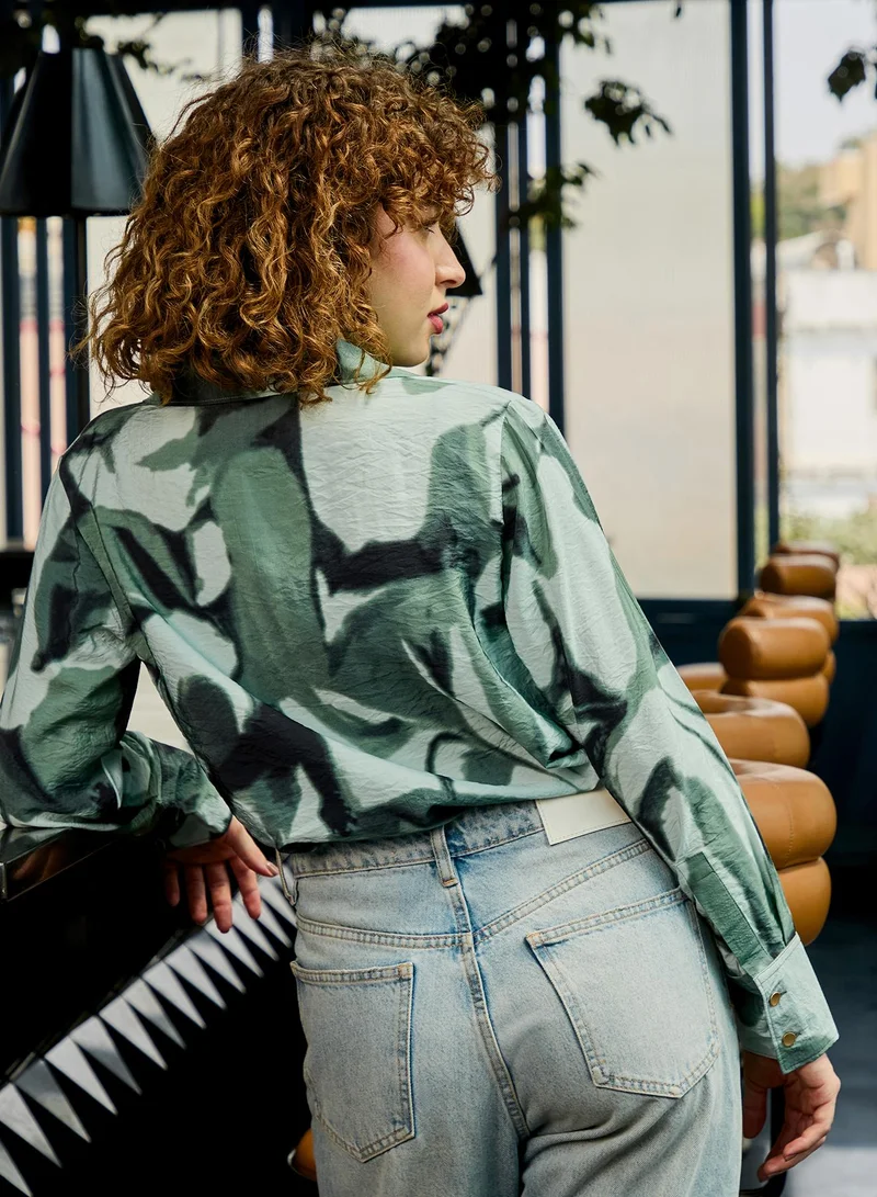 Pinacolada  Women's Green Abstract Relaxed Shirt For Casual Wear | V-Neck | Long Sleeve | Button Closure | Shirt Crafted With Nylon Comfort Fit For Everyday Wear for Women | Best Price UAE