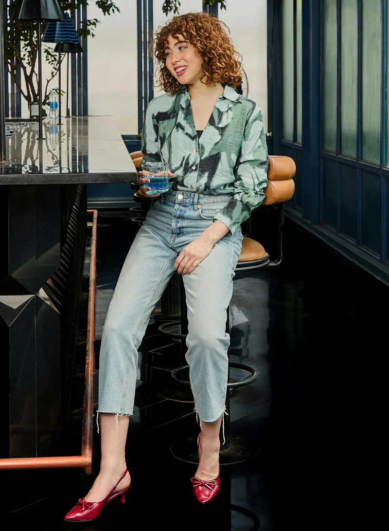 Pinacolada  Women's Green Abstract Relaxed Shirt For Casual Wear | V-Neck | Long Sleeve | Button Closure | Shirt Crafted With Nylon Comfort Fit For Everyday Wear for Women | Best Price UAE