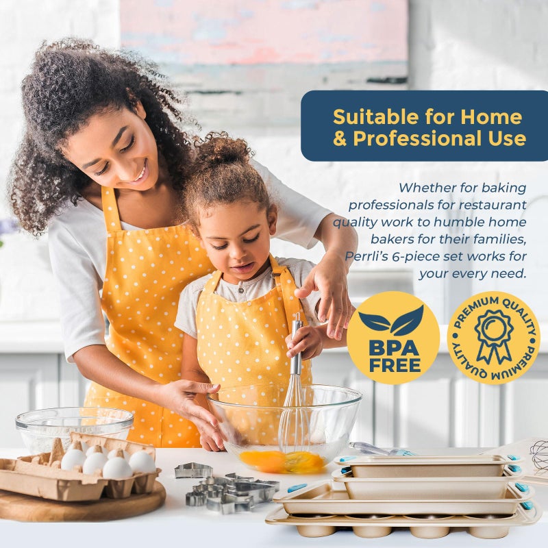 Perlli Baking Kit: Nonstick Gold Steel Oven Set - 6 Pieces, Round Cake Pan, Loaf Pan, Square Pan, Muffin Pan, Cookie Sheet, Roaster - Silicone Handles - Image 5