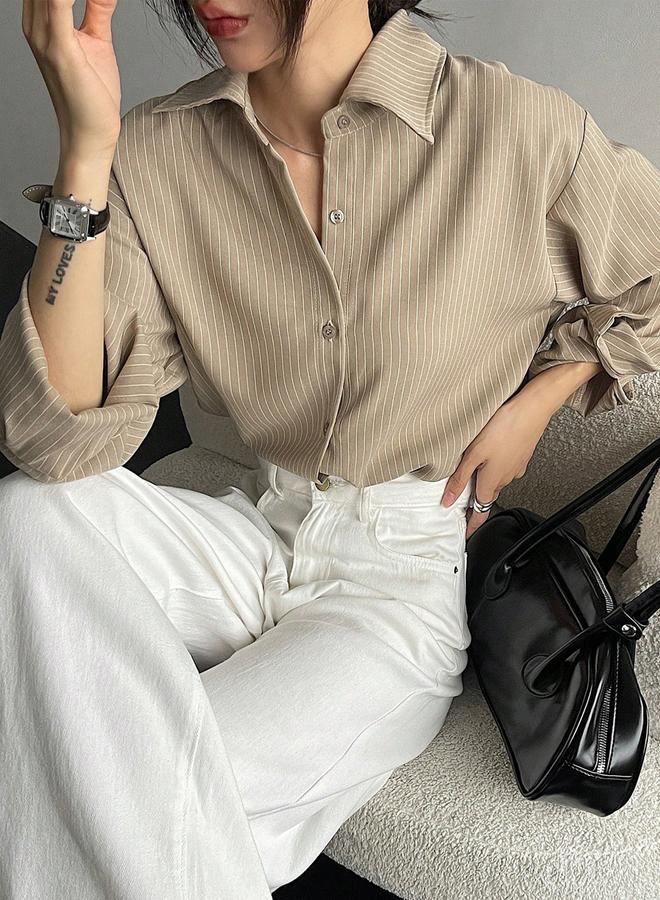 تايك تو بلوزة مخططة بقصة مريحة وأكمام طويلة - Image 3