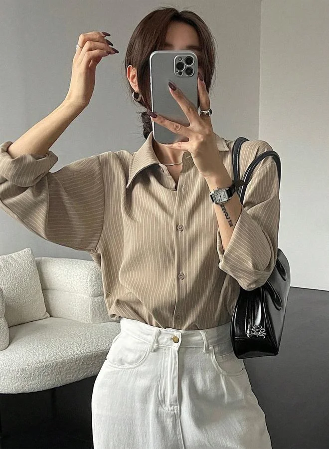 تايك تو بلوزة مخططة بقصة مريحة وأكمام طويلة