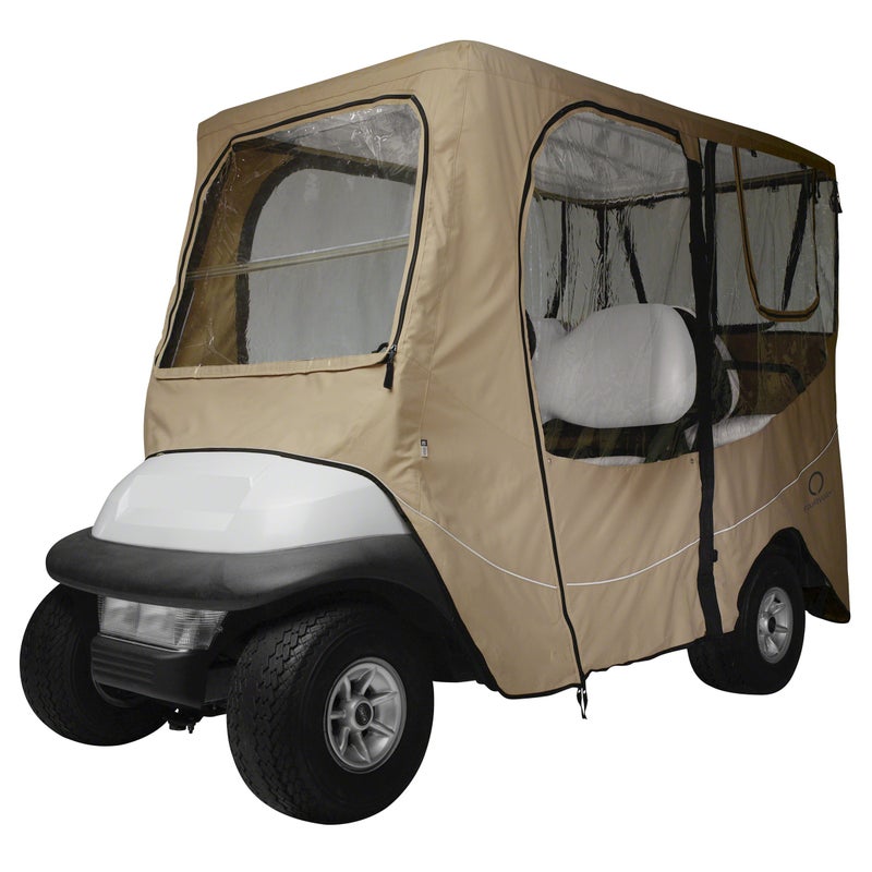 Classic Accessories Fairway Long Roof 4Person Deluxe Golf Cart Enclosure Light Khaki with Clear Windows