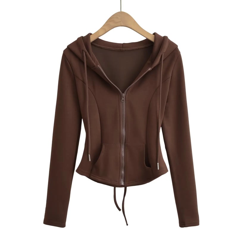Fashionable Casual Sports suit Zipper Cardigan Spring and Autumn Short Slim-fit Strap Hooded Jacket Brown trousers - Image 5