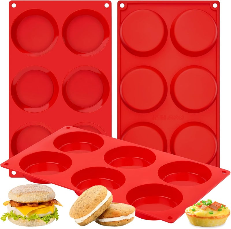 Puyeipt 3 Pack Silicone Egg Molds, 3 Inch Non-Stick Muffin Top Pans Round Silicone Baking Molds for Egg Bites, Breakfast Sandwiches, Whoopie Pies, Corn Bread, Tarts (Red) - Image 1