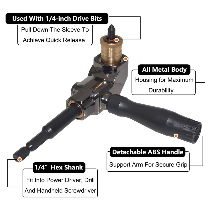 Saipe Right Angle Drill Attachment, All Metal Body 90 Degree Drill Adapter with Detachable ABS Handle, Drill Bit Corner Adapter, for Impact Driver, Work in Tight Spaces - Image 3