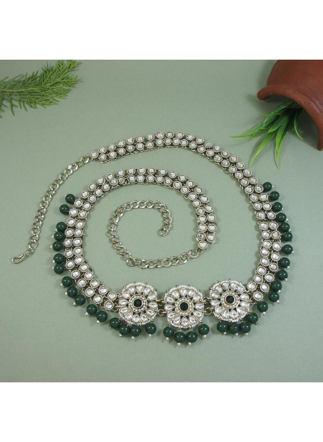 I Jewels - I Jewels 18K Gold Plated Traditional Ethnic White Floral Design Kundan And Stone Studded Adjustable Pearl Kamarband/Belly Chain/Kandora/Waist Belt For Women (B033G) - Image 1