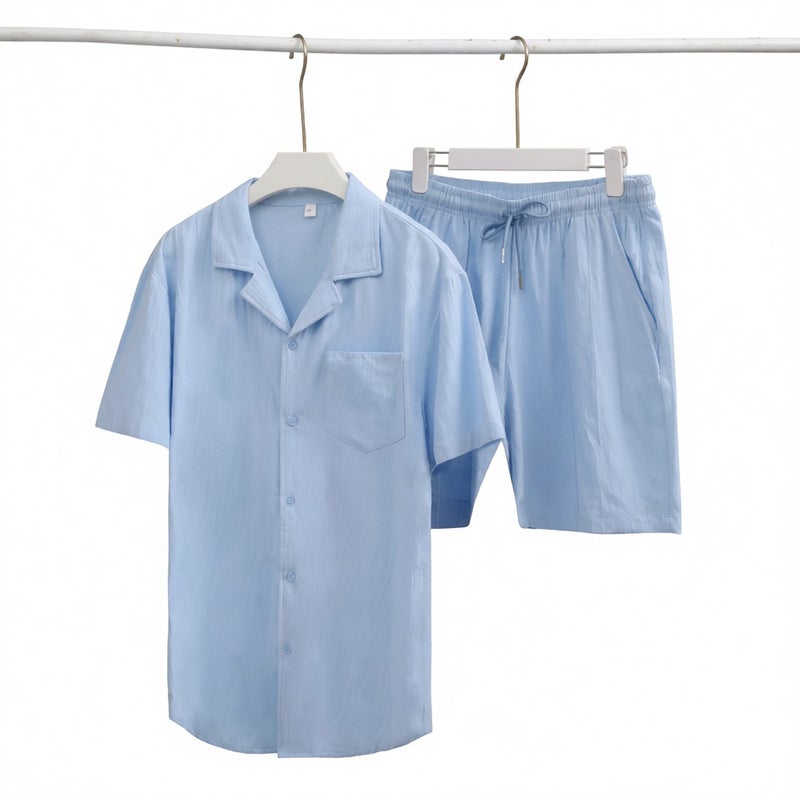 Men's Short Sleeve Loungewear Set Cotton Linen Relaxed Fit Open Front Shirt - Image 5