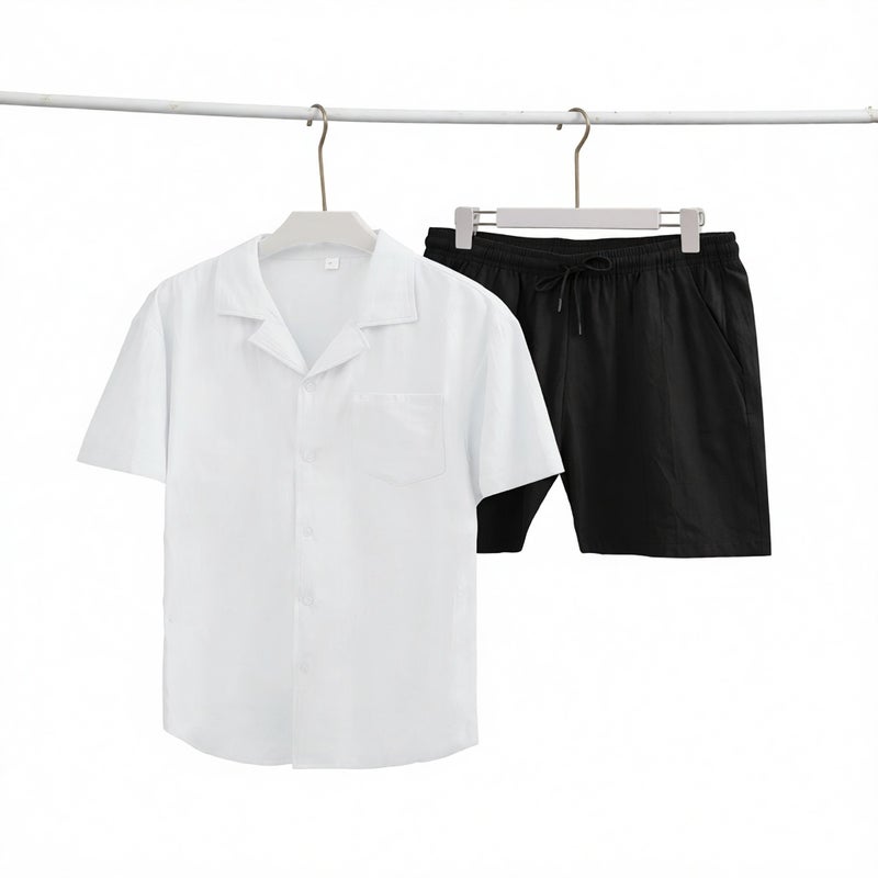 Men's Short Sleeve Loungewear Set Cotton Linen Relaxed Fit Open Front Shirt - Image 1