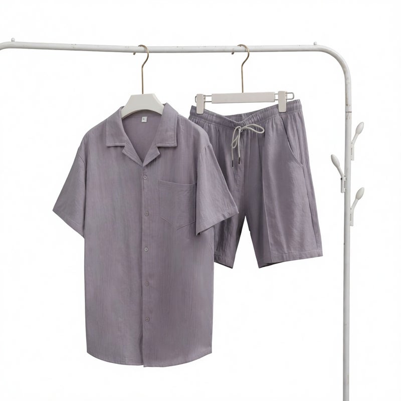 Men's Short Sleeve Loungewear Set Cotton Linen Relaxed Fit Open Front Shirt - Image 4