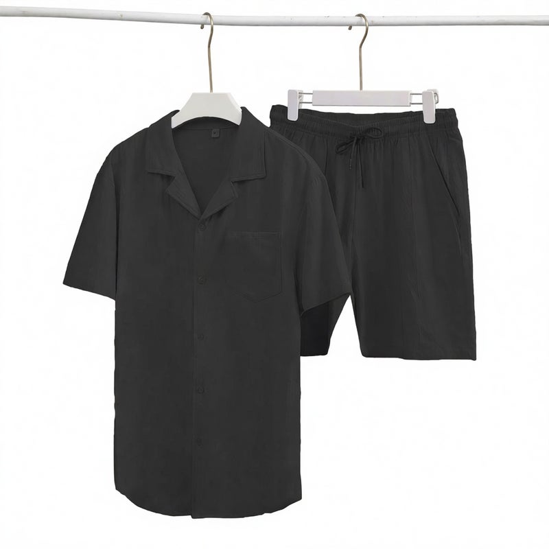 Men's Short Sleeve Loungewear Set Cotton Linen Relaxed Fit Open Front Shirt - Image 2