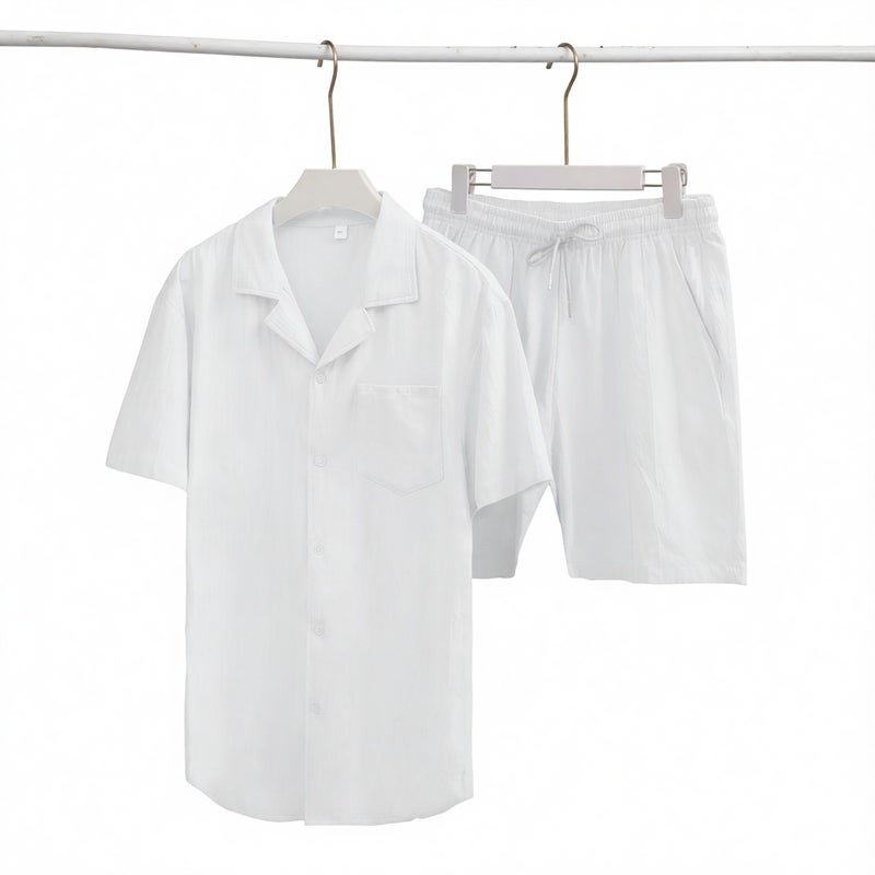 Men's Short Sleeve Loungewear Set Cotton Linen Relaxed Fit Open Front Shirt - Image 3