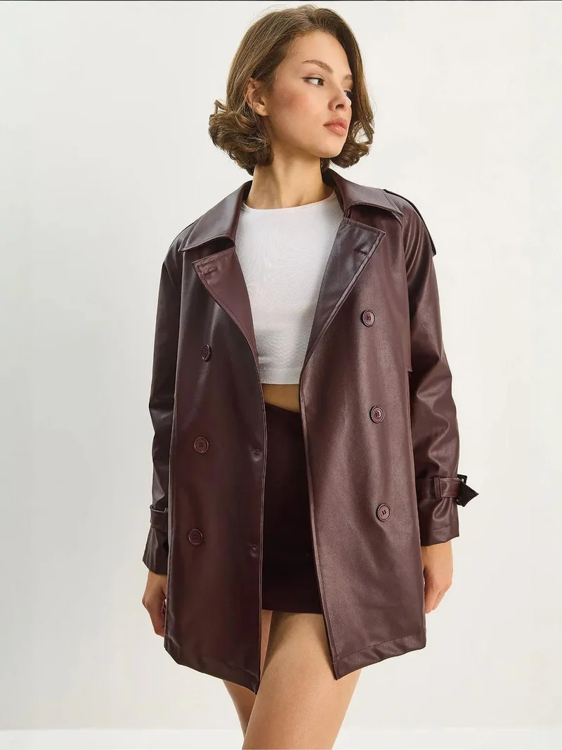 Bianco Lucci LUCCI Double Breasted Faux Leather Trench Coat