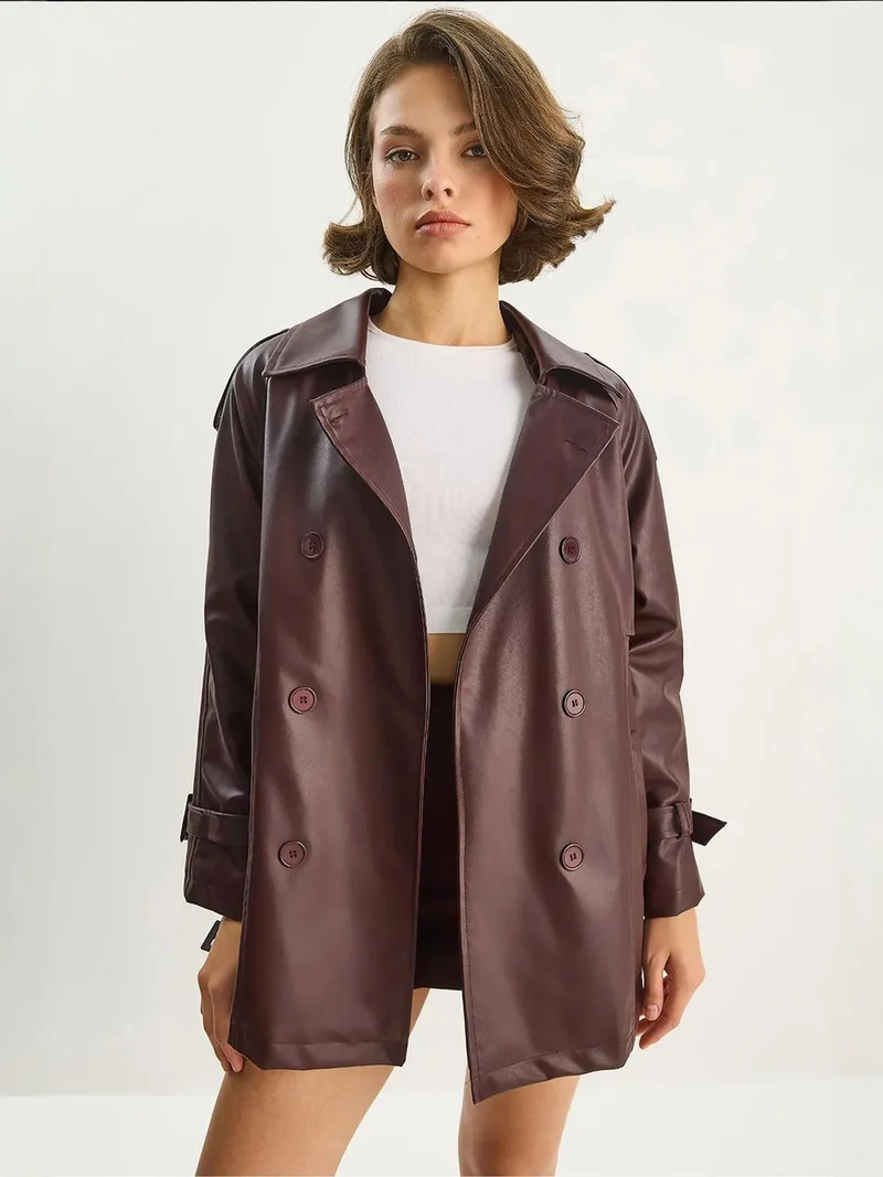 Bianco Lucci LUCCI Double Breasted Faux Leather Trench Coat
