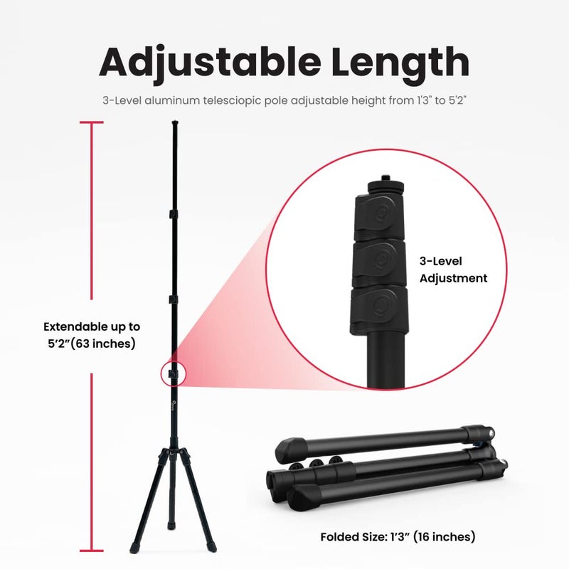 Pivo 63" Extendable Cell Phone & Camera Tripod with Sturdy, Lightweight, Portable, Foldable Stand for Video Recording with Universal 1/4"" Thread for DSLR, Smartphone, Action Camera & Pivo Pods - Image 3