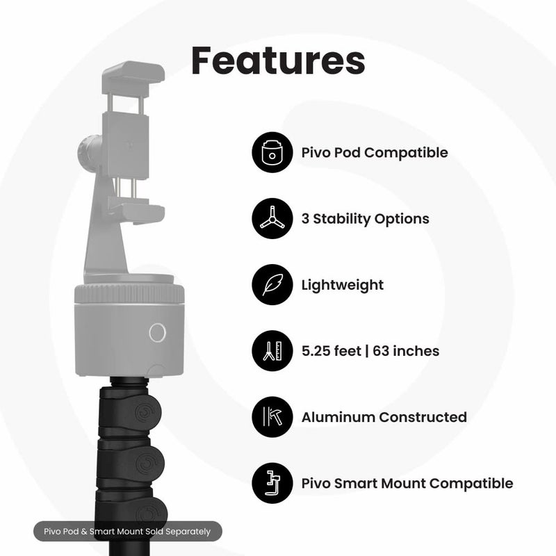 Pivo 63" Extendable Cell Phone & Camera Tripod with Sturdy, Lightweight, Portable, Foldable Stand for Video Recording with Universal 1/4"" Thread for DSLR, Smartphone, Action Camera & Pivo Pods - Image 5