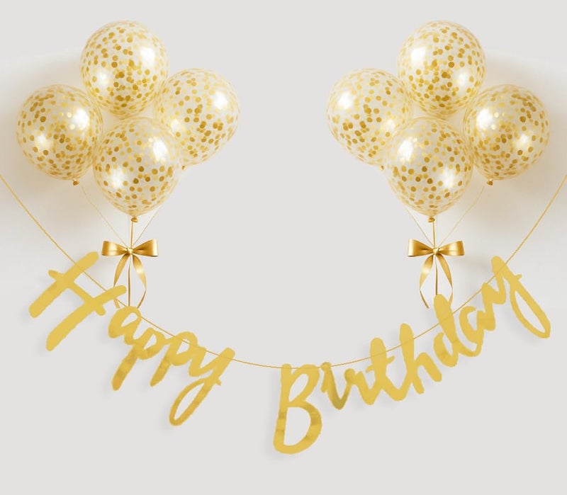 AMFIN® (Pack of 9) Happy Birthday Decoration Banner with Confetti Balloons, Suprise Theme Party Photo shoot - Golden - Image 1