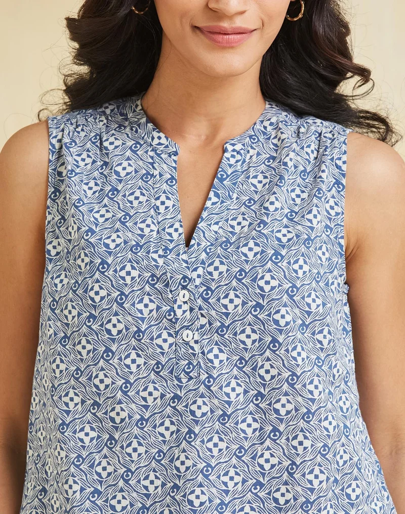Fabindia White Cotton Hand Block Printed Top