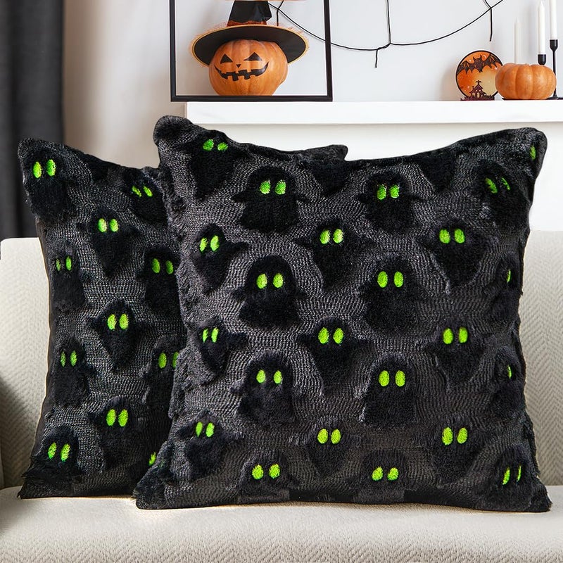 DFXSZ Halloween Pillow Covers 20x20 inch Set of 2 Black Ghost Throw Pillow Cases Soft Plush Faux Fur Wool Couch Cushion Case for Chair Sofa Bedroom Living Room Home Decor PTK03F20