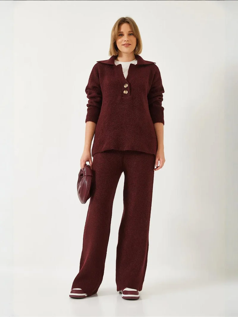 Bianco Lucci LUCCI High Waist Wide Leg Two-Piece Coord Set with Shirt Collar