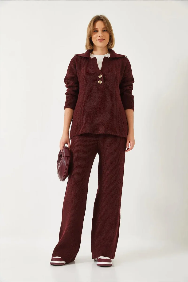 Bianco Lucci LUCCI High Waist Wide Leg Two-Piece Coord Set with Shirt Collar