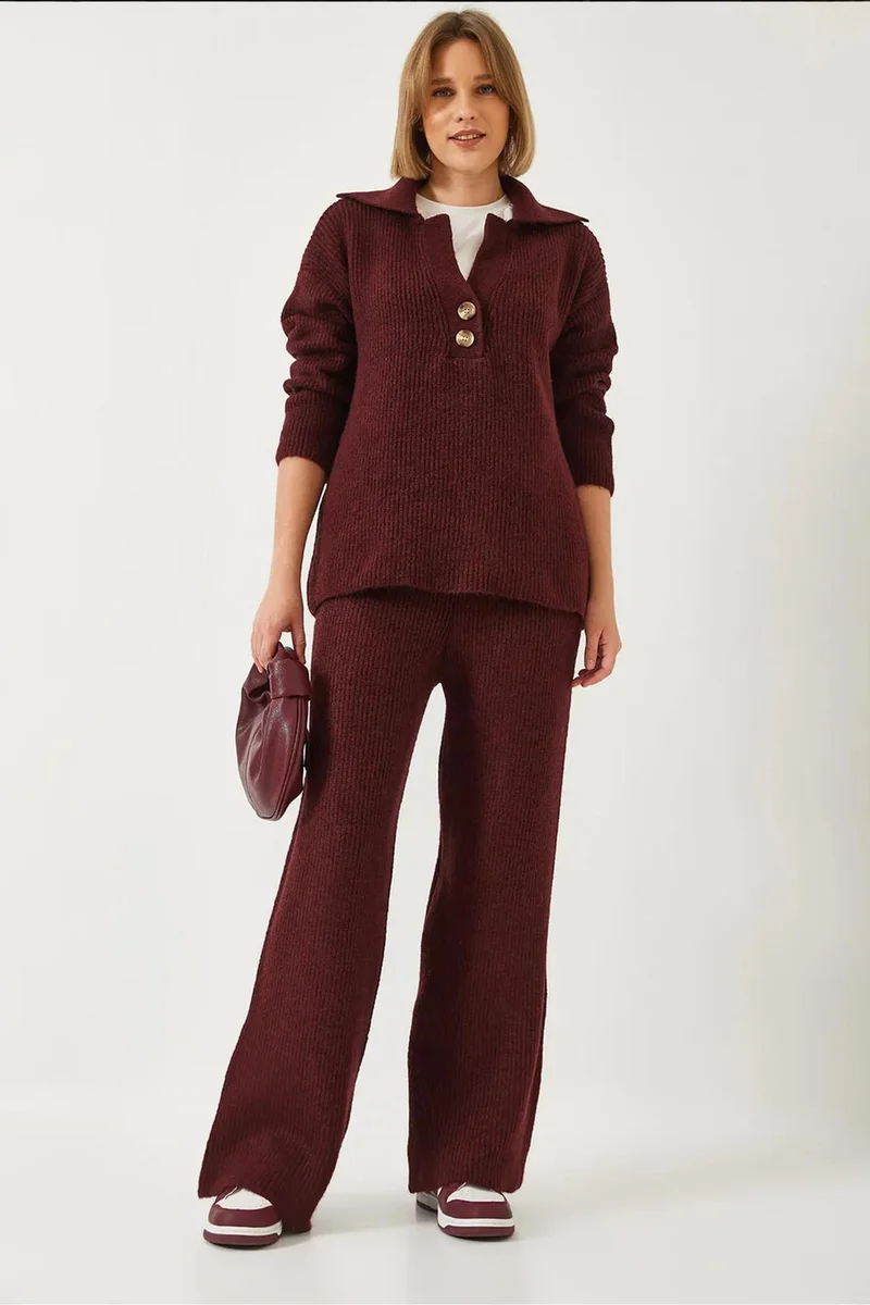 Bianco Lucci LUCCI High Waist Wide Leg Two-Piece Coord Set with Shirt Collar