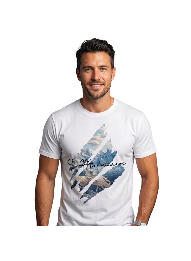بافون تيشيرت PAVONE قطن 100% رجالي - تيشيرت كاجوال مطبوع "Snow Mountain" بتصميم طبيعة فني، أبيض - Image 1