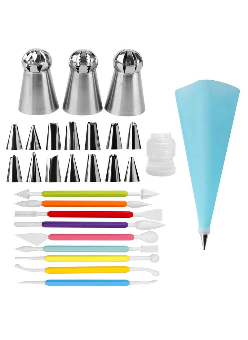 S.B. ANJALI SHALU BHAI SB ANJALI SHALU BHAI Stainless Steel 3 Big Russian Nozzle 14 Regular Icing Nozzles Piping Set 1 Coupler 1 Piping Bag 8 Fondant Tools  - Image 1
