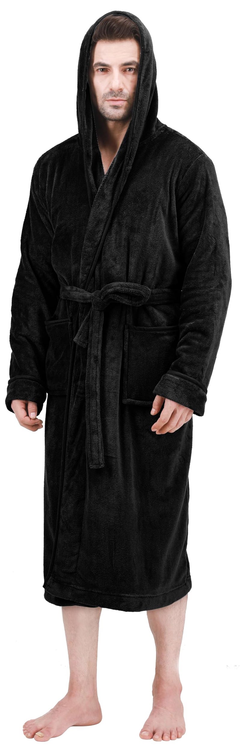 NY Threads Mens Robe with Hood, Luxury Plush Fleece Hooded Mens Bathrobe, Spa Bath Robe for Men, Large/X-Large, Black - Image 2
