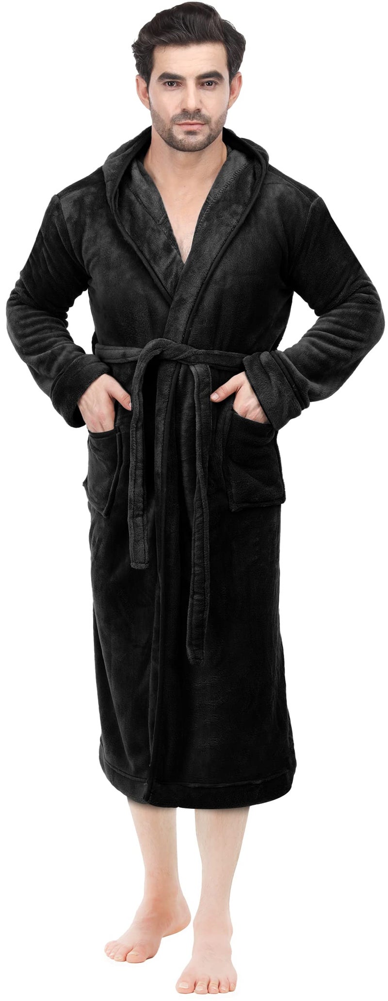 NY Threads Mens Robe with Hood, Luxury Plush Fleece Hooded Mens Bathrobe, Spa Bath Robe for Men, Large/X-Large, Black - Image 4