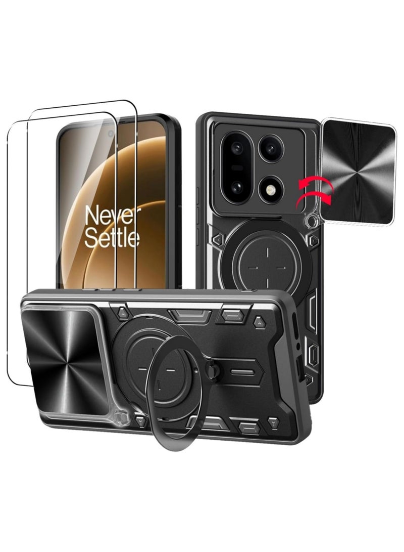 Adando [1+2] Case for OnePlus 15 5G with 2 Tempered Glass Screen Protector, Slide Camera Cover and Stand Kickstand Ring with Tempered, Corner Protection Anti-Scratch Shock Absorption Rugged Bumper Cover (Black) - Image 1